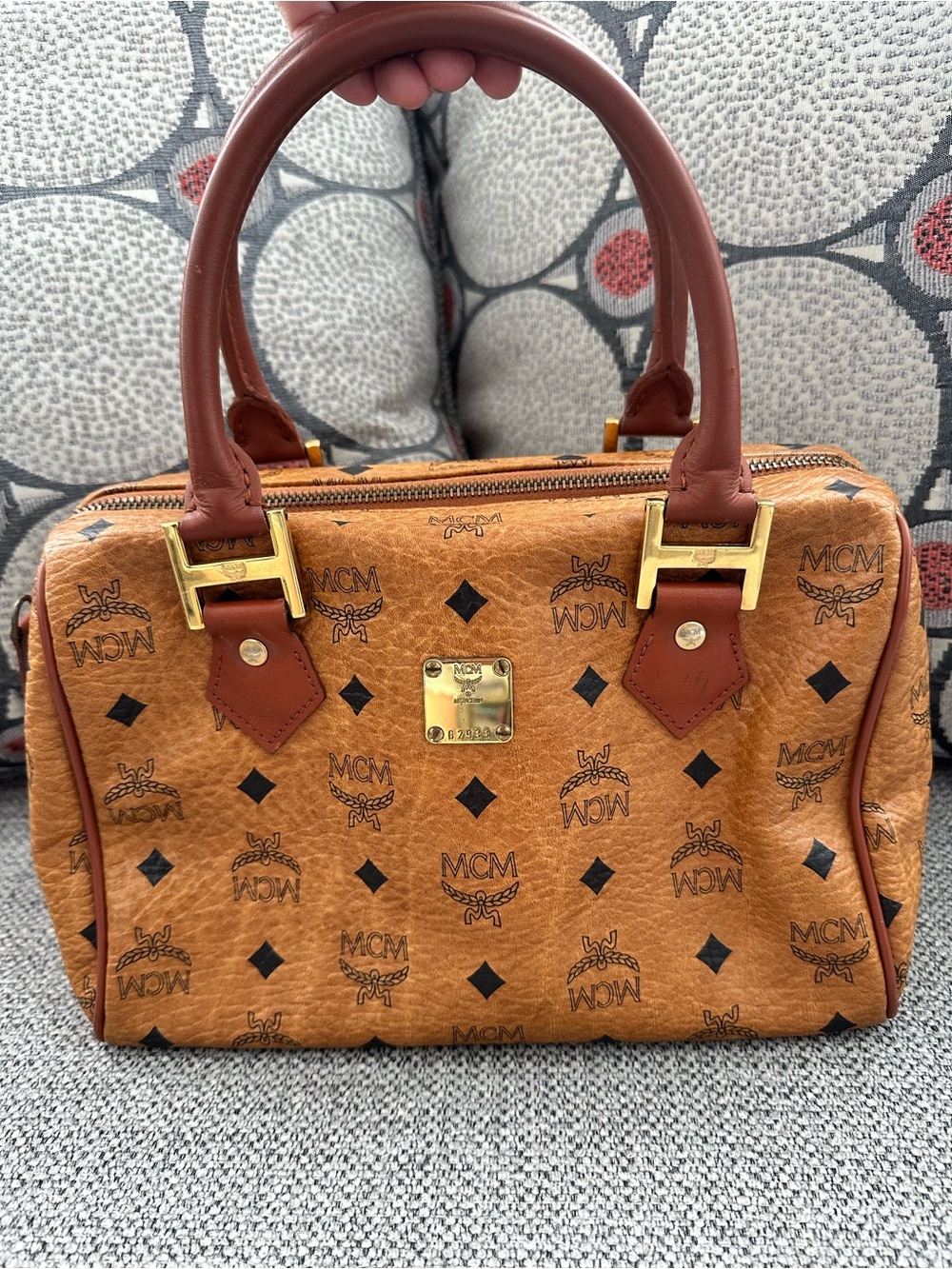 MCM Cognac Visetos Monogram Satchel with Brown Handles